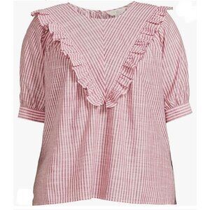 Terra & Sky Women's Ruffle Yoke Woven Blouse Dusty Rose Plum Stripe, 3X